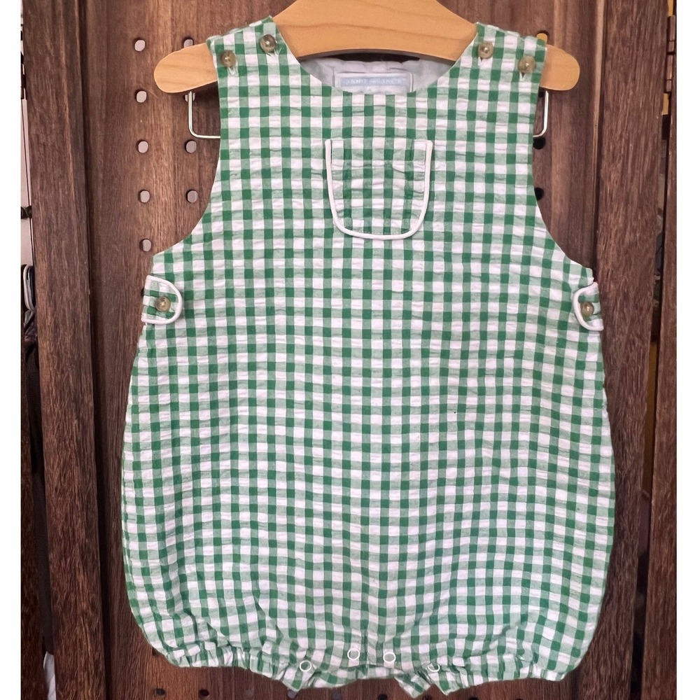 Janie and Jack Green and White Gingham Baby Romper Size 12-18 Months